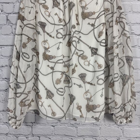 White House Black Market Cream Chain Print Long Sleeve Chiffon Blouse Women's L - Picture 3 of 13